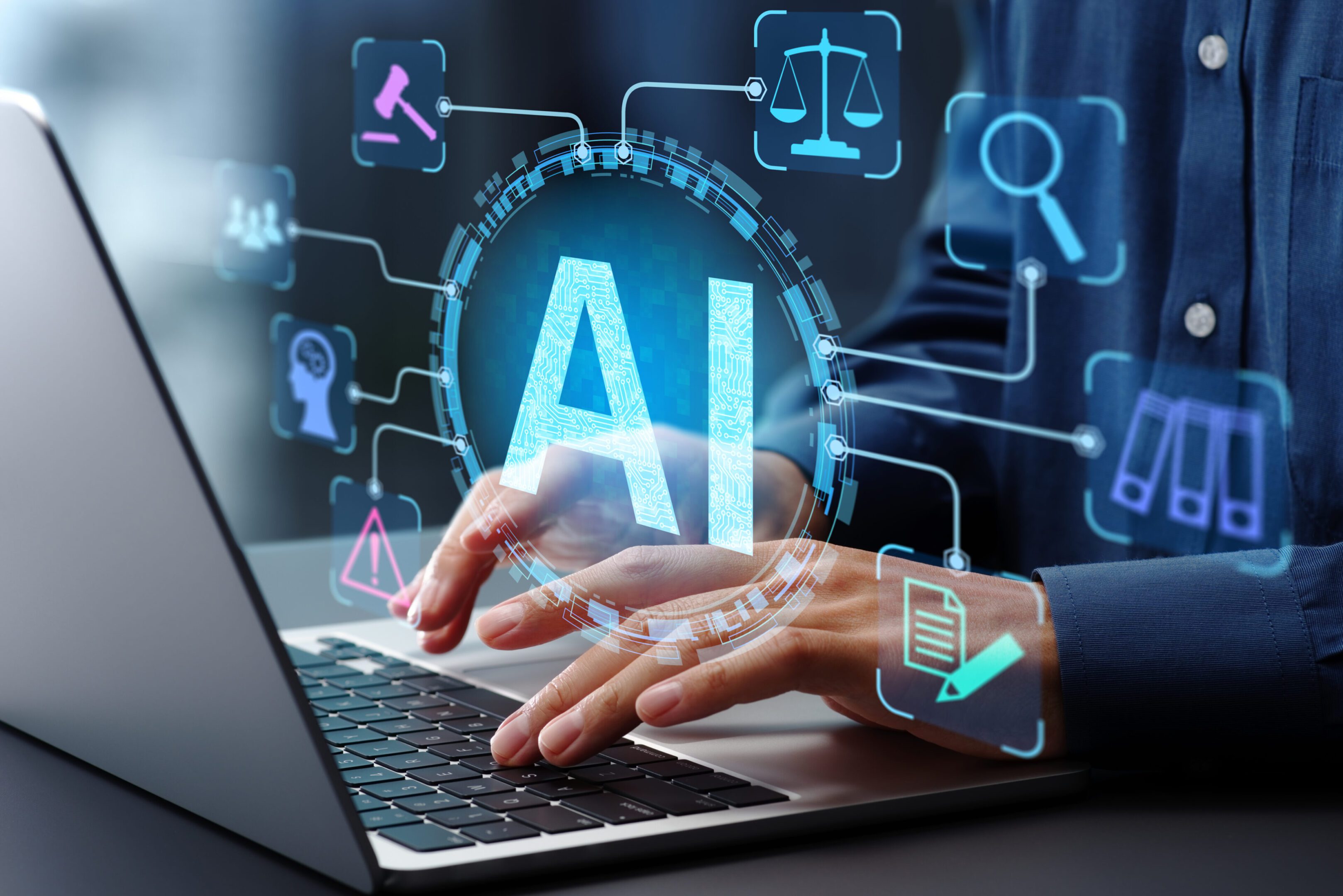 AI technology concept with laptop and icons.