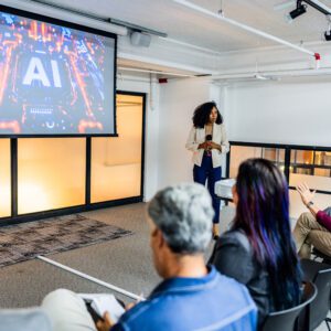 AI presentation in front of attentive audience.