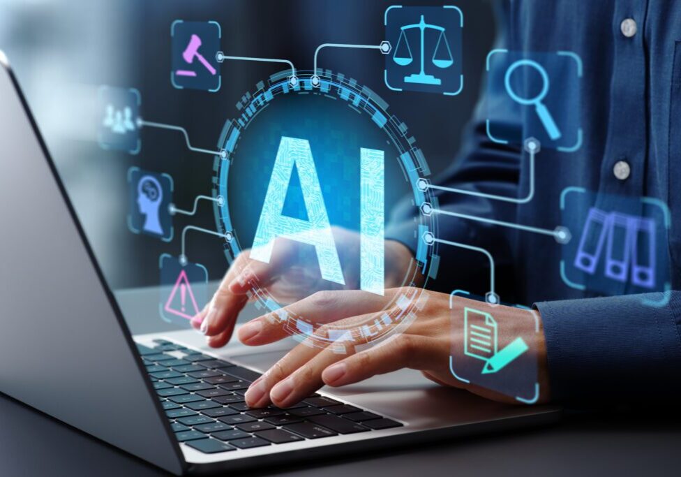 AI technology concept with laptop and icons.